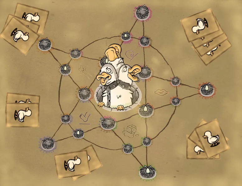 Clusterduck: The Quackening board of linked nodes with duck cards around the edges
