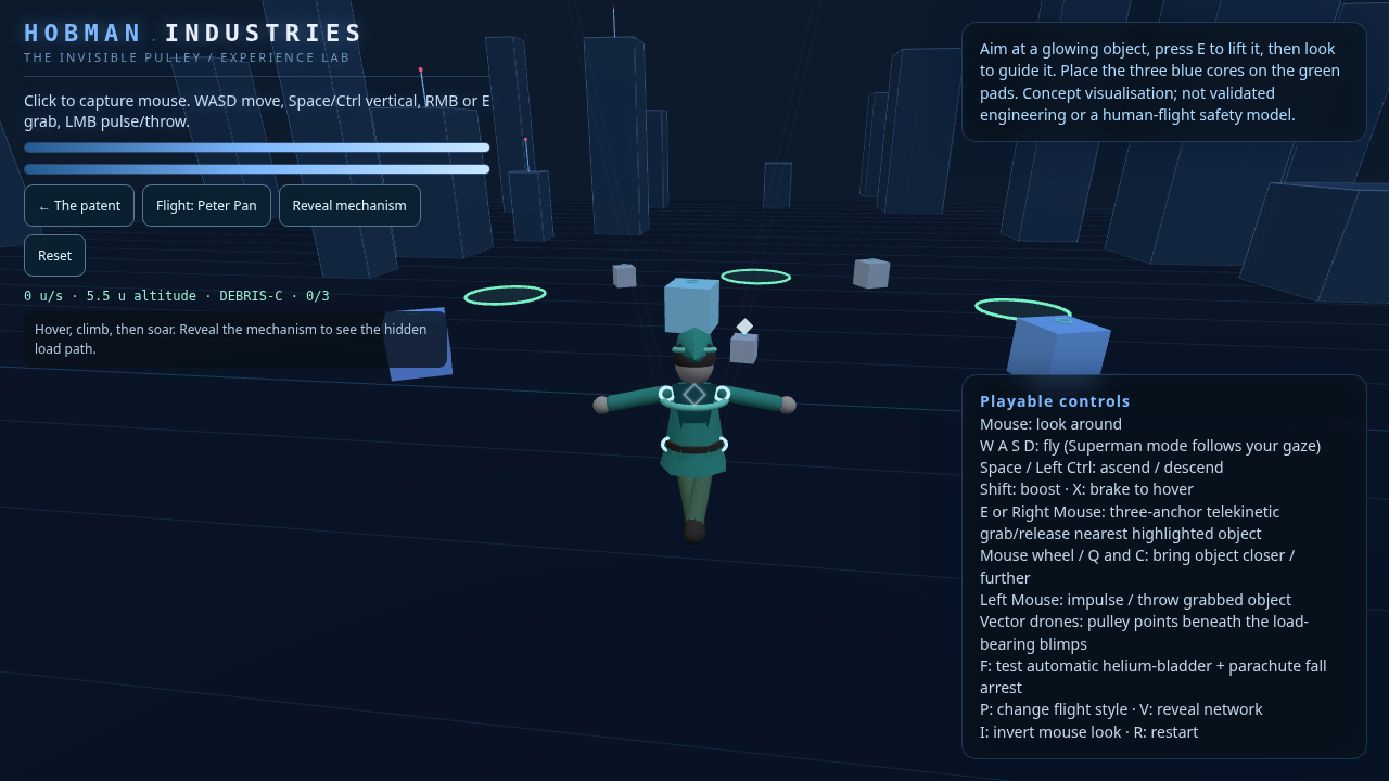 Hobman Industries simulated flight scene with the hovering pilot and object-manipulation controls