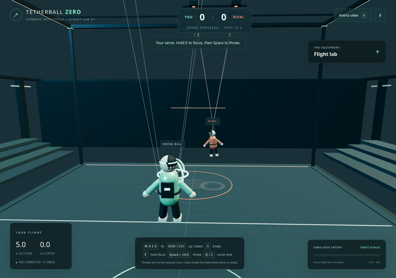 Tetherball Zero simulated drone dodgeball arena with mint and coral pilots